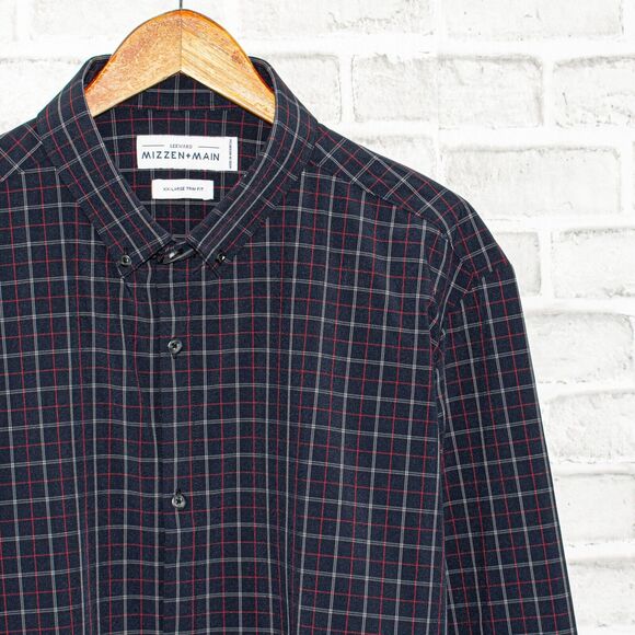 MIZZEN + MAIN Men's Trim Fit Button Down Shirt Navy Grid Check Size 2XL - Picture 2 of 7